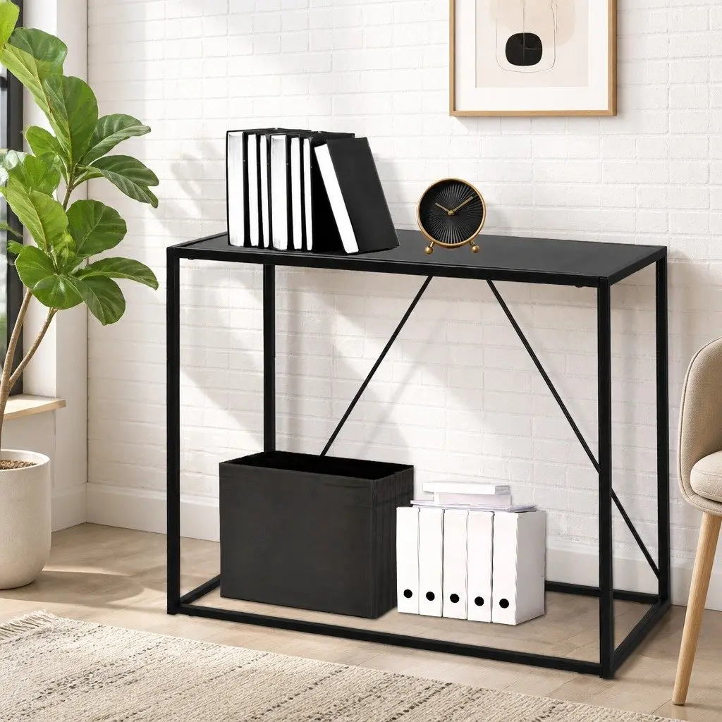 2-Tier Console Table Black Powder-coated Steel 90cm W x 30cm D x 80cm H