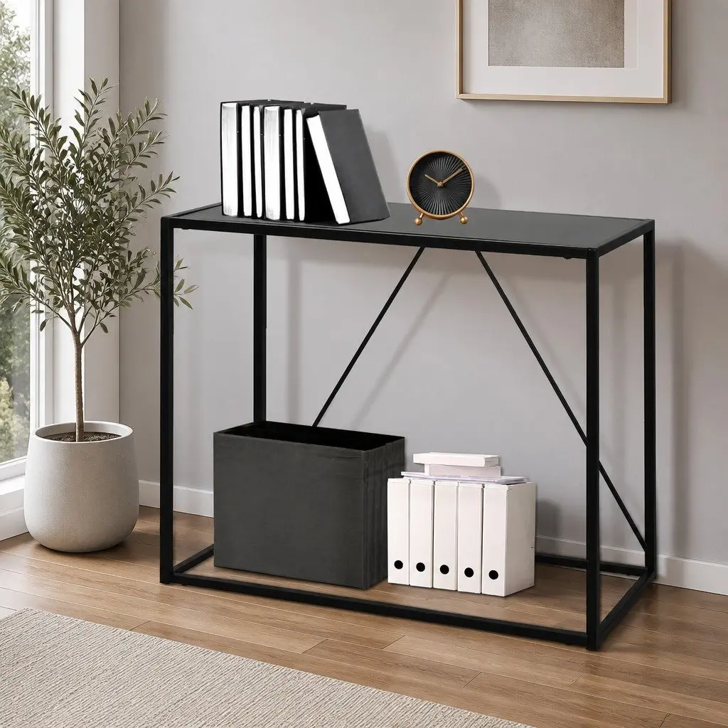 2-Tier Console Table Black Powder-coated Steel 90cm W x 30cm D x 80cm H