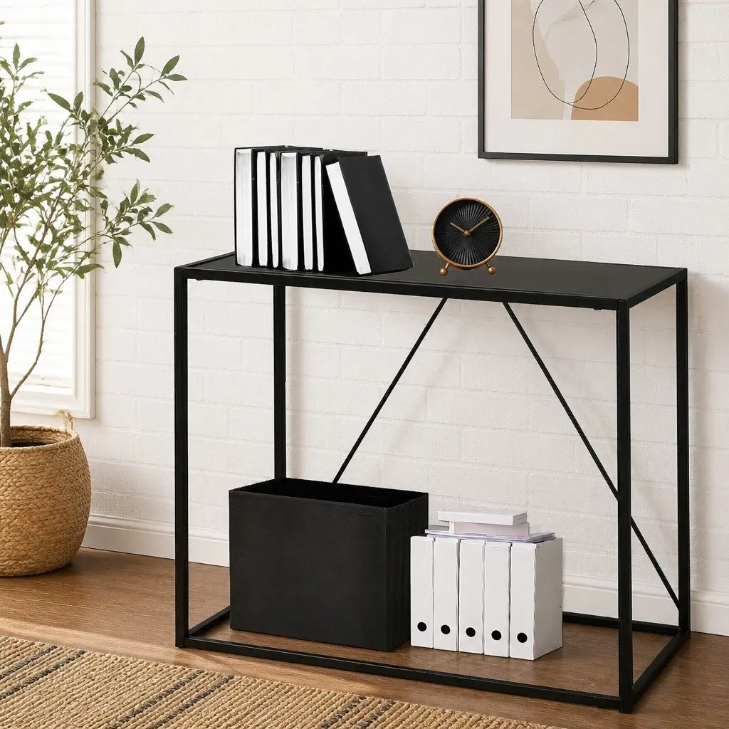 2-Tier Console Table Black Powder-coated Steel 90cm W x 30cm D x 80cm H