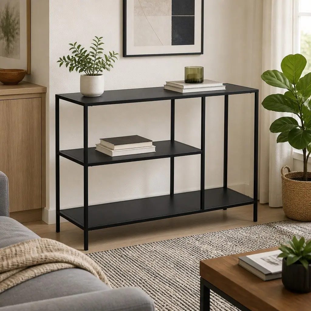 3-Tier Black Console Table for Entryway Storage