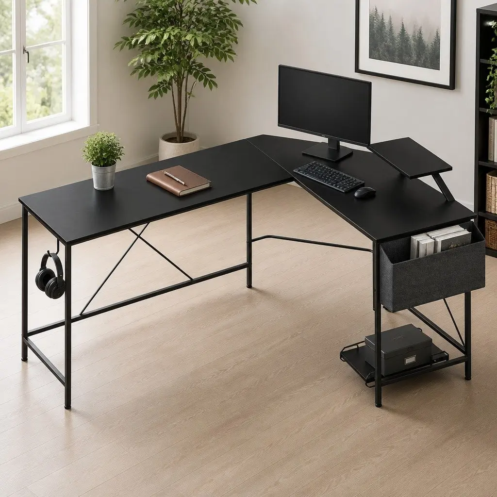 Black L-Shaped Corner Computer Desk with Monitor Stand