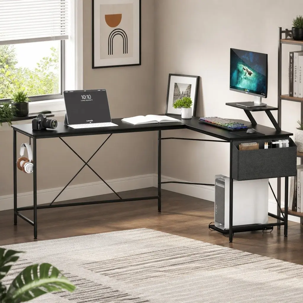Black L-Shaped Corner Computer Desk with Monitor Stand