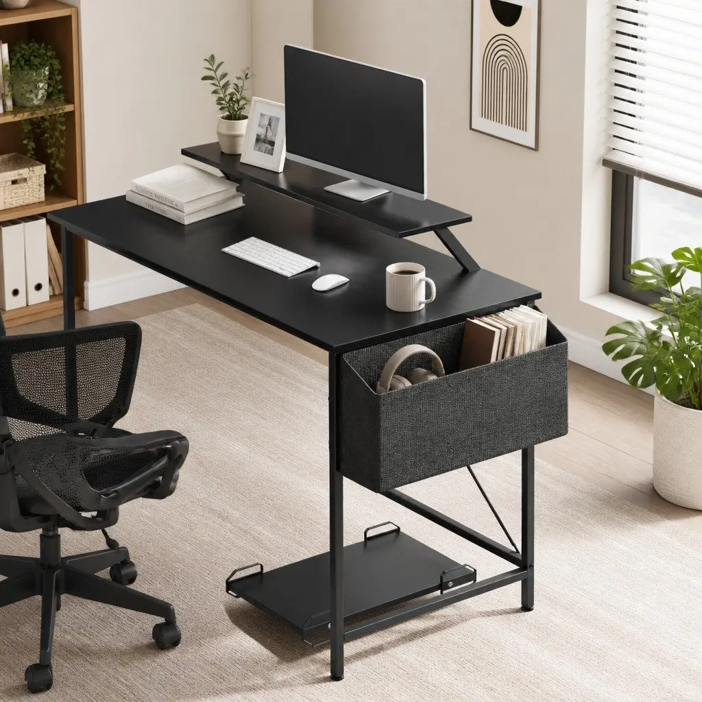 Black L-Shaped Corner Computer Desk with Monitor Stand