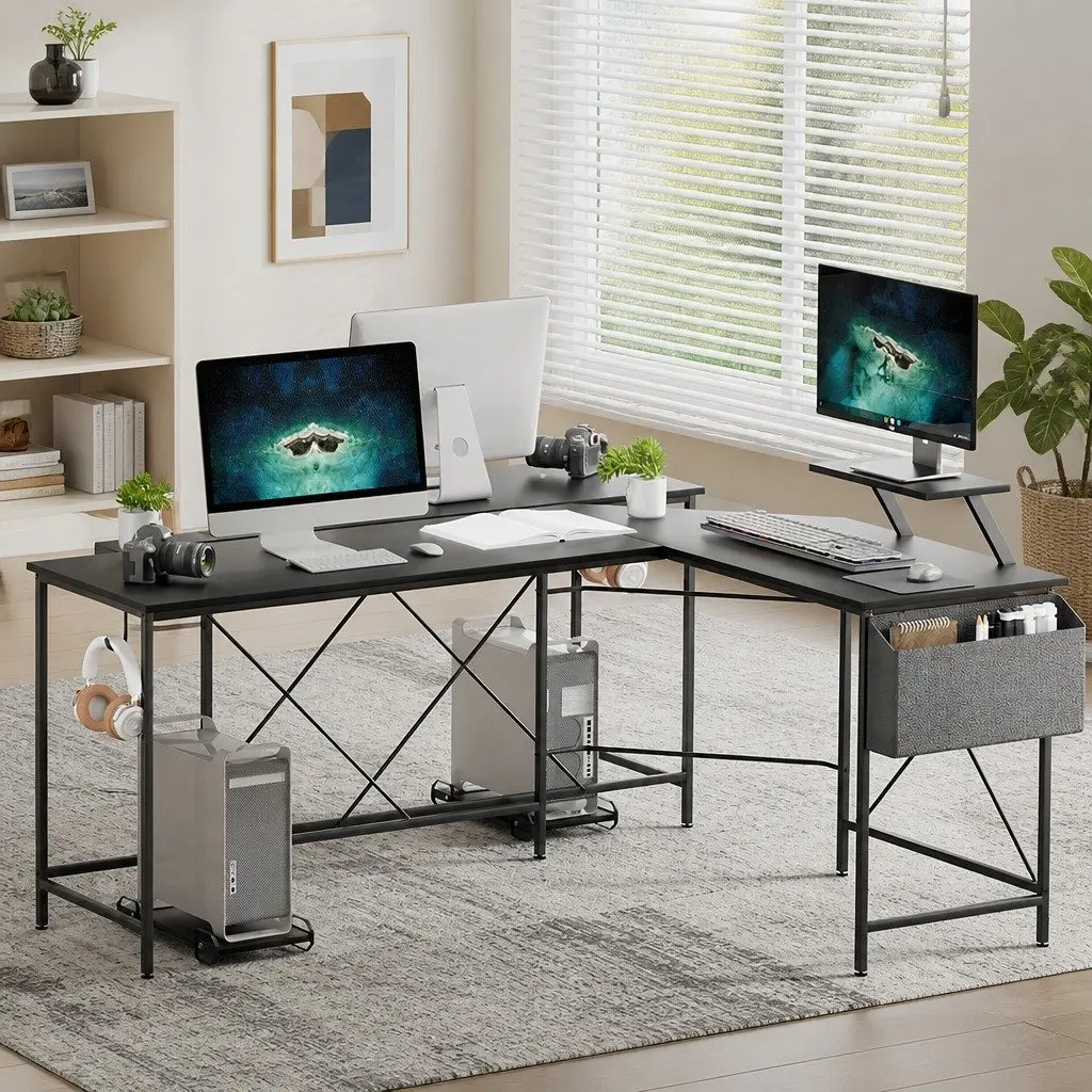 Black L-Shaped Corner Computer Desk with Monitor Stand