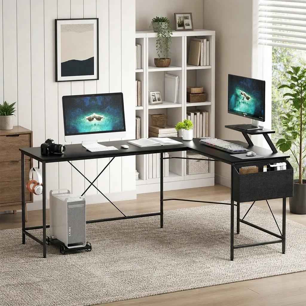 Black L-Shaped Corner Computer Desk with Monitor Stand