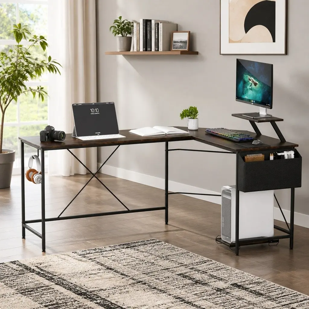 L-Shaped Corner Computer Desk Brown Workstation with Monitor Stand and CPU Storage