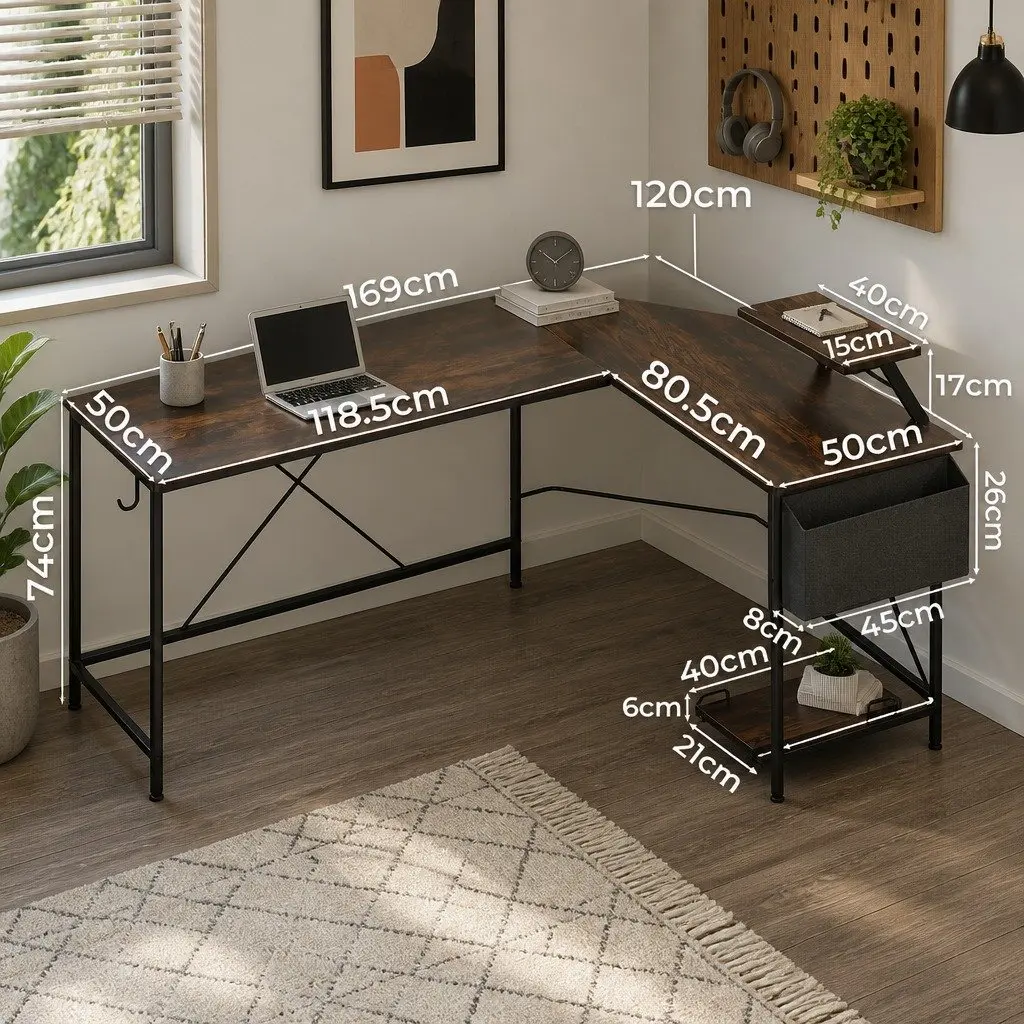 L-Shaped Corner Computer Desk Brown Workstation with Monitor Stand and CPU Storage