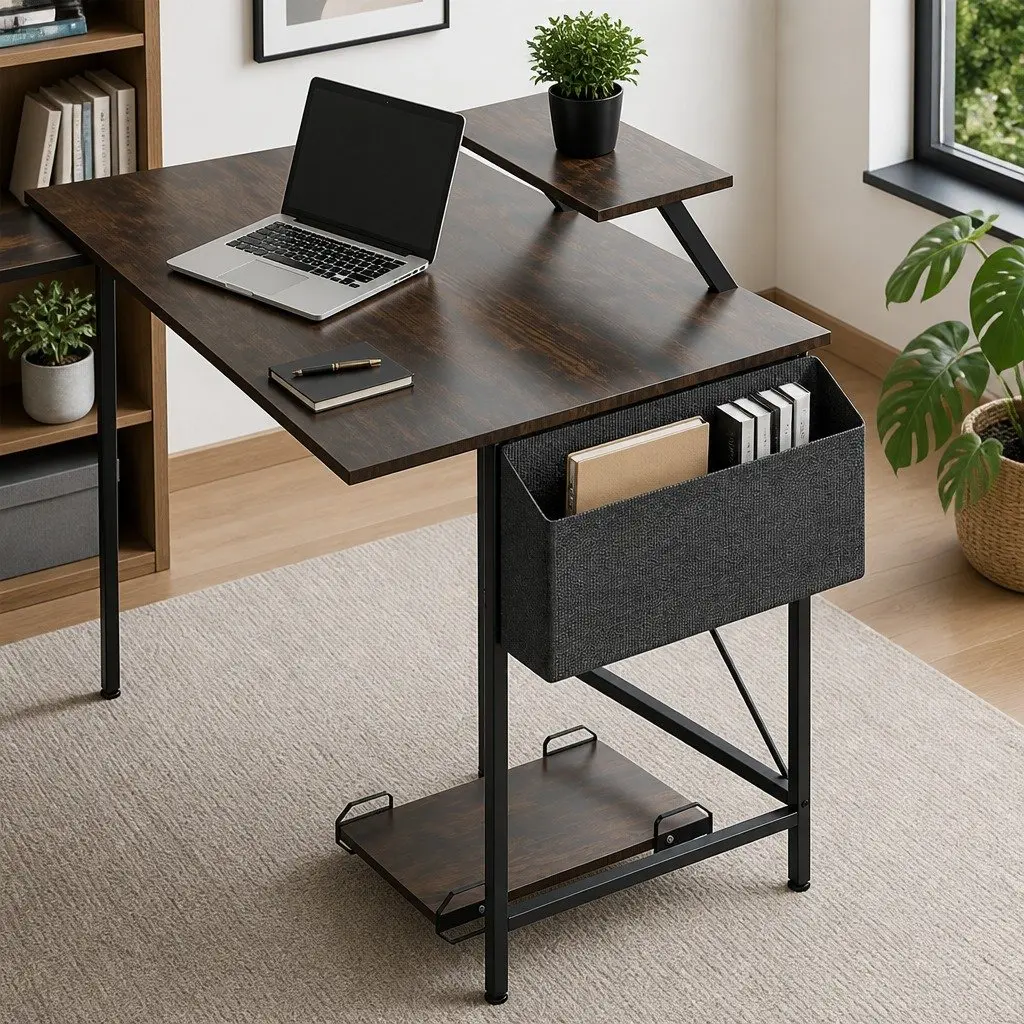 L-Shaped Corner Computer Desk Brown Workstation with Monitor Stand and CPU Storage