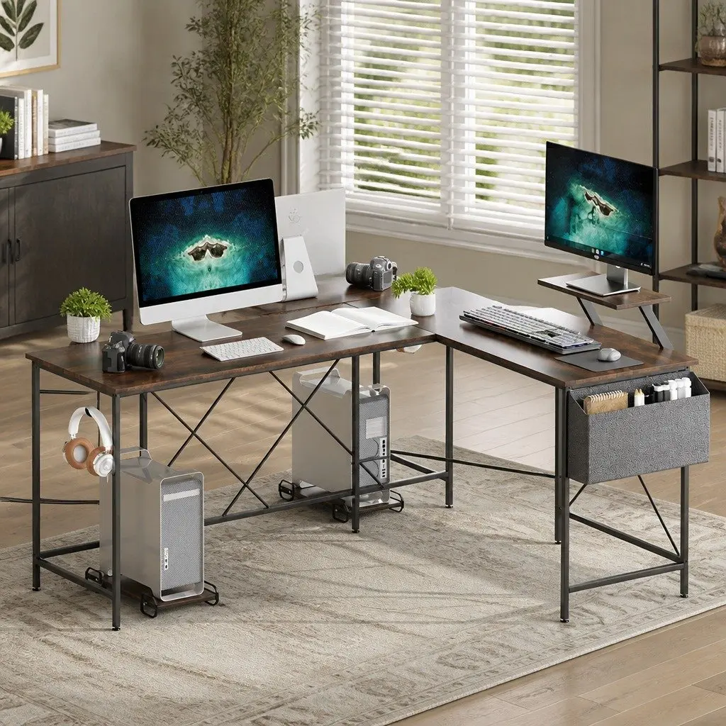 L-Shaped Corner Computer Desk Brown Workstation with Monitor Stand and CPU Storage