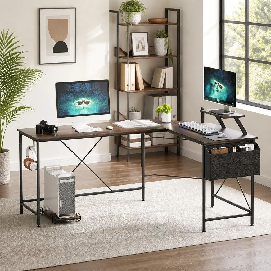 L-Shaped Corner Computer Desk Brown Workstation with Monitor Stand and CPU Storage