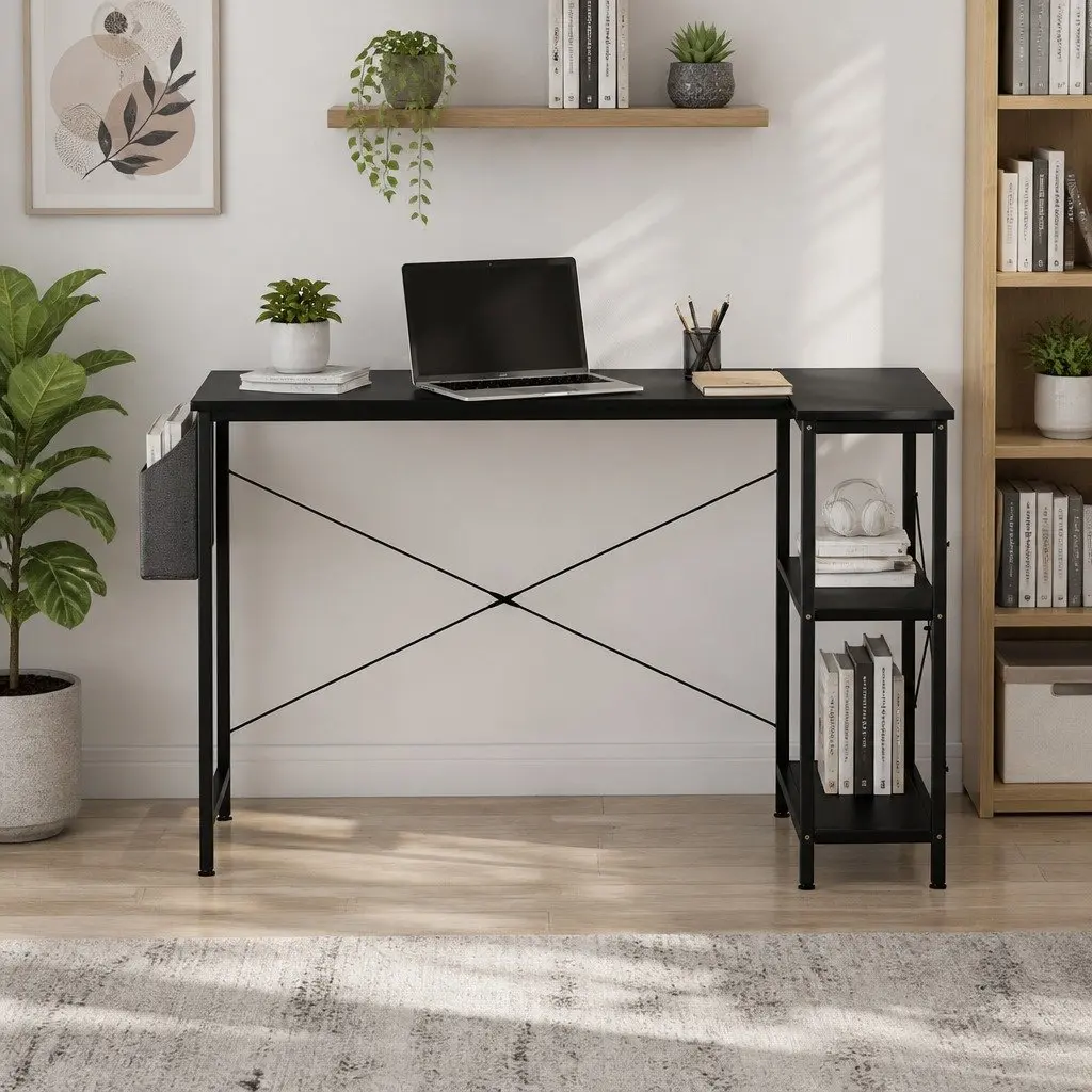 L Shaped Corner Desk Industrial Style Adjustable Height MDF Steel Black