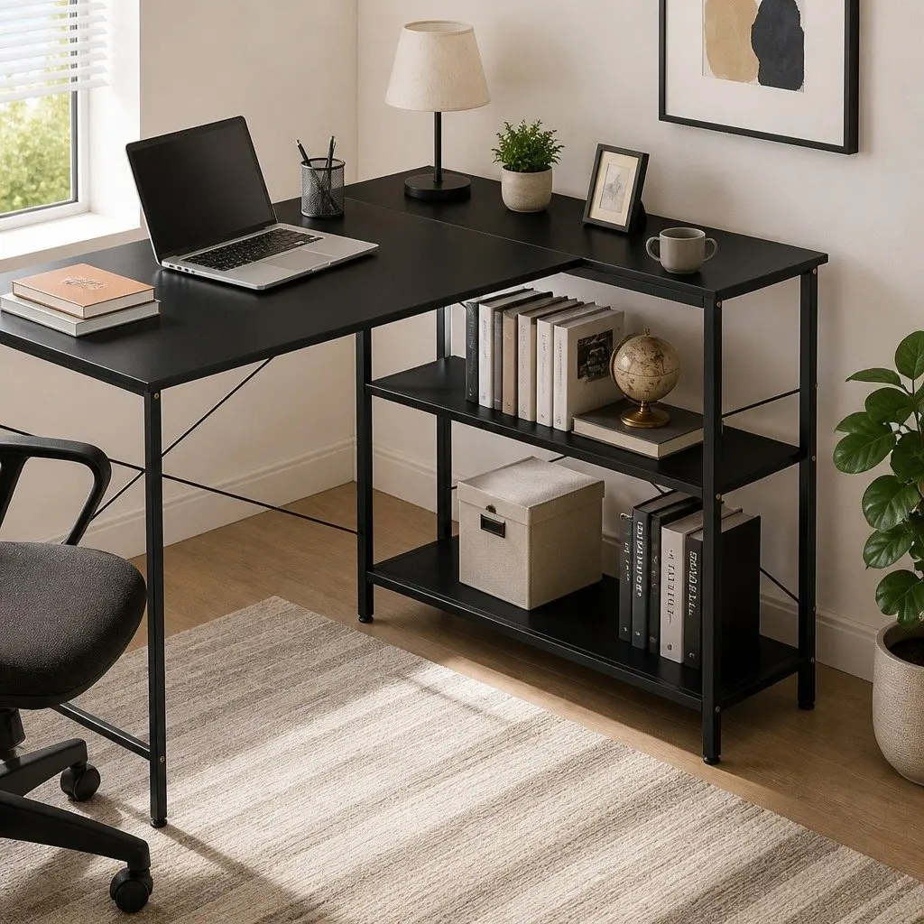 L Shaped Corner Desk Industrial Style Adjustable Height MDF Steel Black