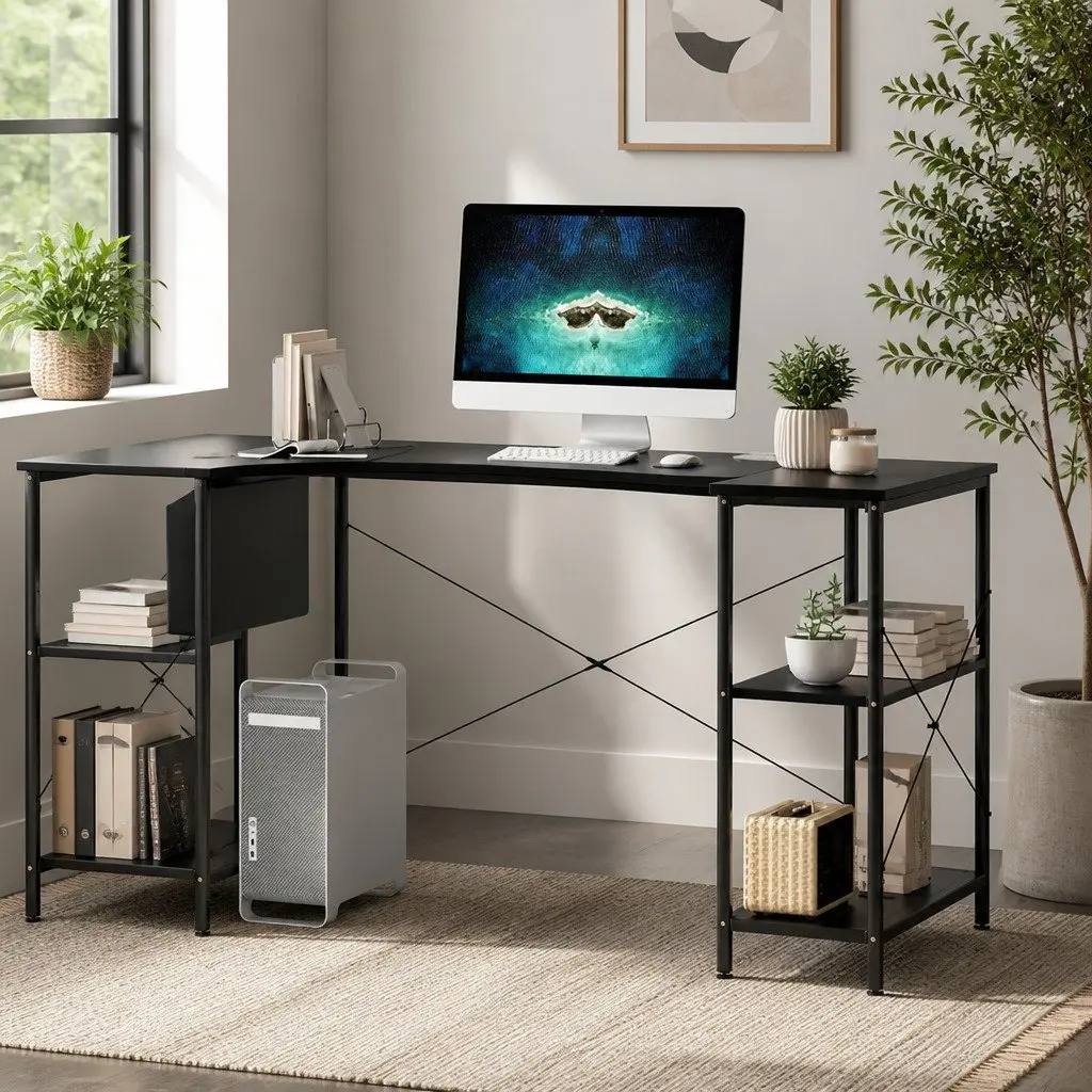 L Shaped Corner Desk Industrial Style Adjustable Height MDF Steel Black