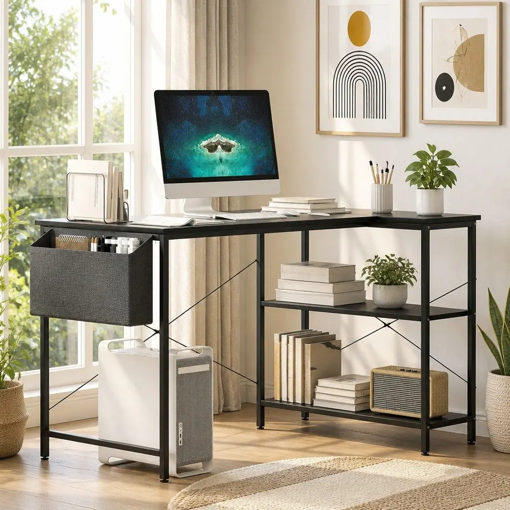 L Shaped Corner Desk Industrial Style Adjustable Height MDF Steel Black