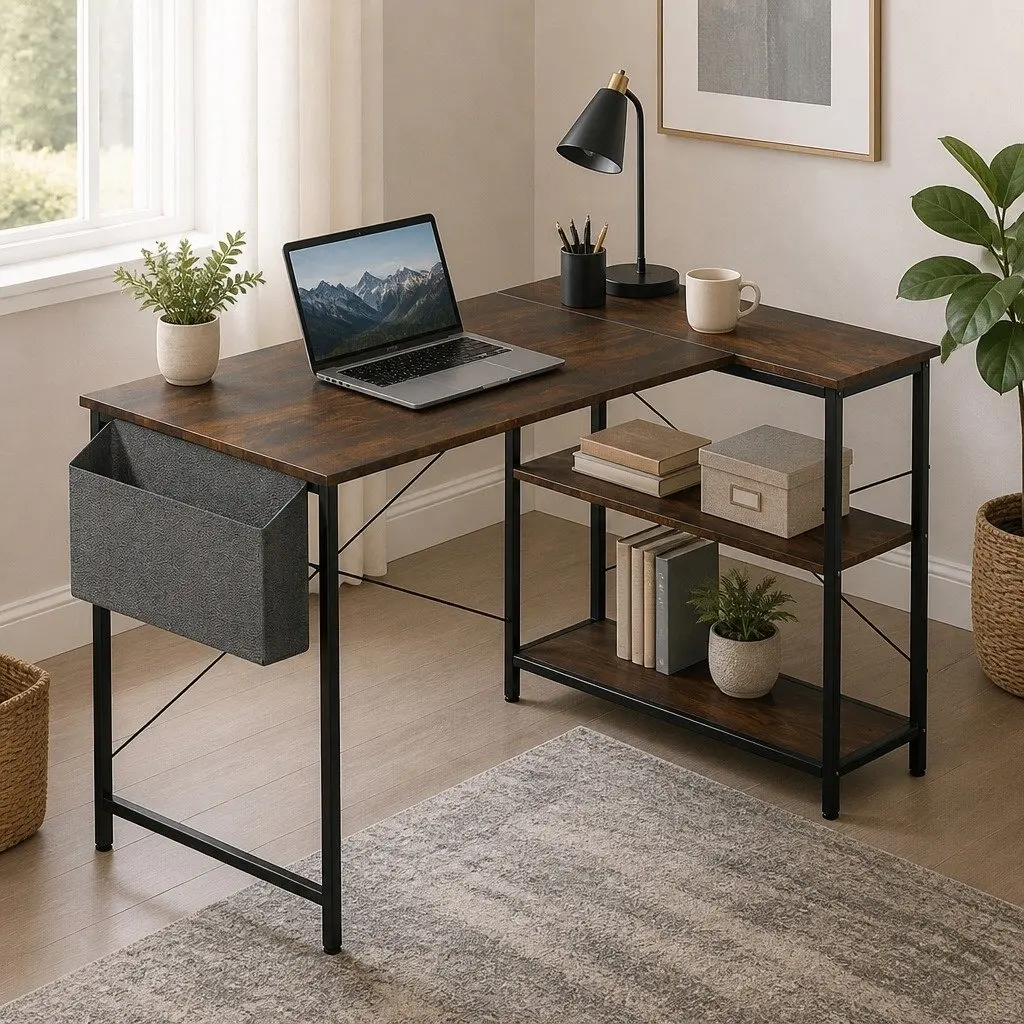 L Shaped Corner Desk Reversible Industrial Style Home Office Workspace Furniture