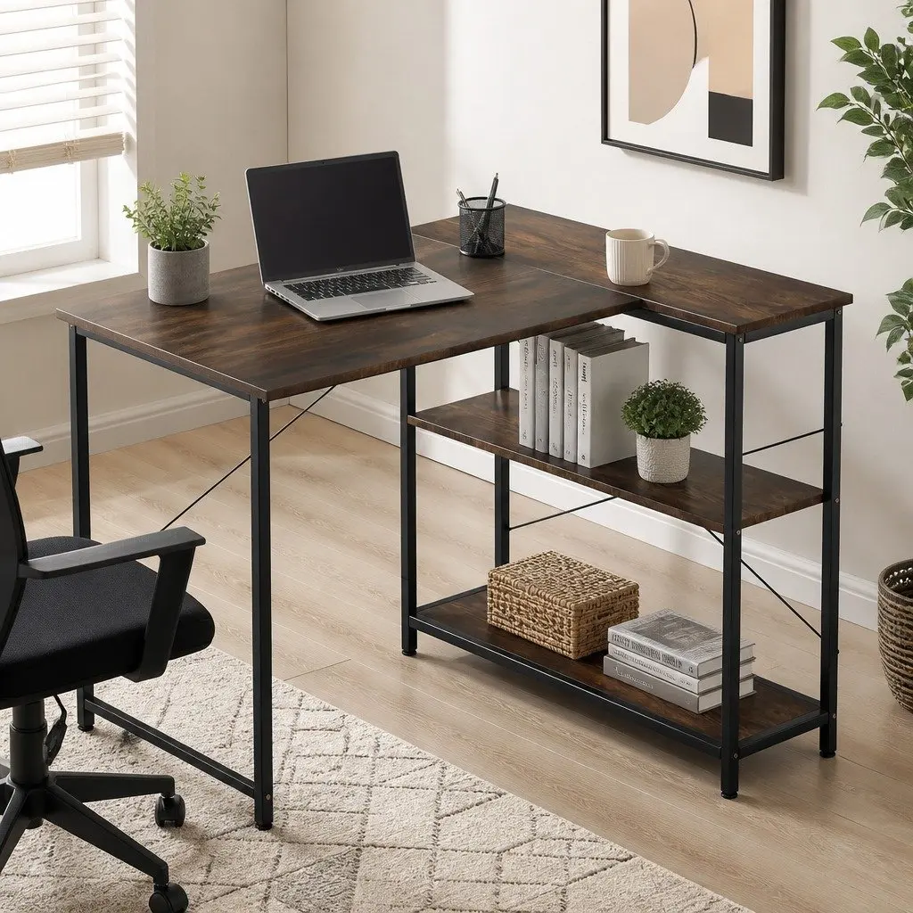 L Shaped Corner Desk Reversible Industrial Style Home Office Workspace Furniture