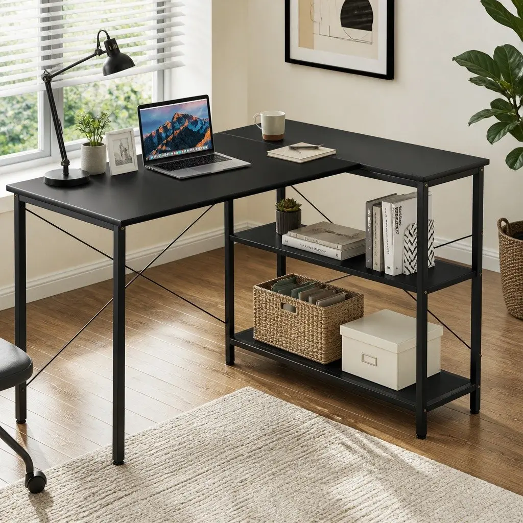 L Shaped Computer Desk with Adjustable Height and Storage