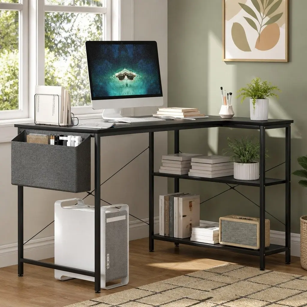 L Shaped Computer Desk with Adjustable Height and Storage