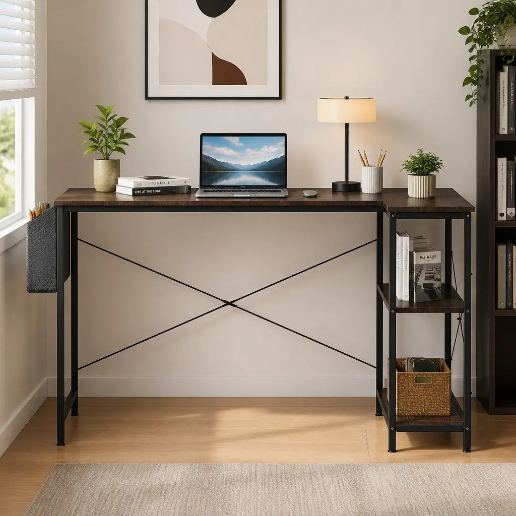 L Shaped Corner Desk with Reversible Storage Shelves