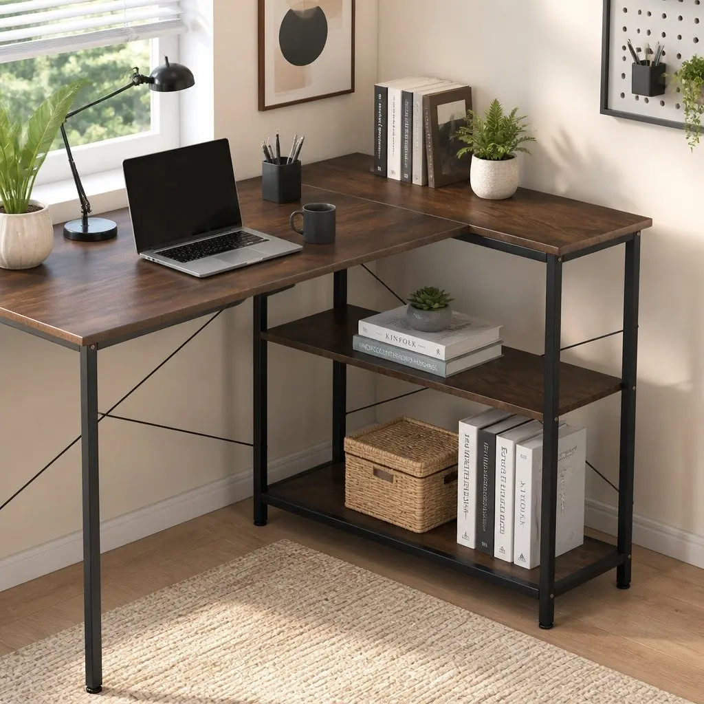 L Shaped Corner Desk with Reversible Storage Shelves