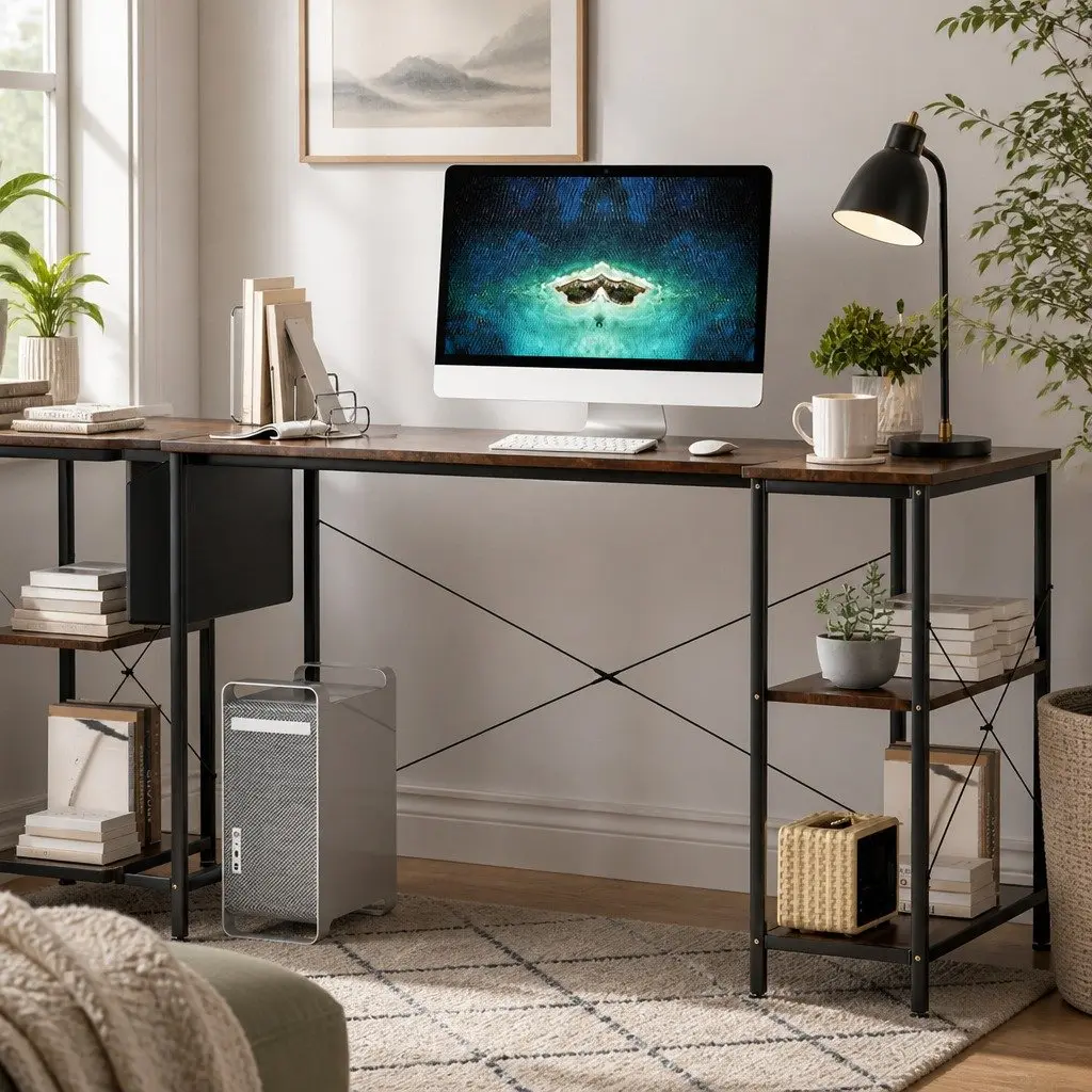 L Shaped Corner Desk with Reversible Storage Shelves