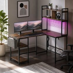 L Shaped Gaming Desk with RGB LED Lights in Brown