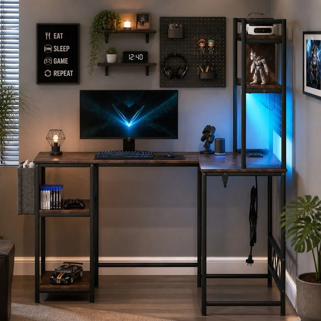 L Shaped Gaming Desk with RGB LED Lights in Brown