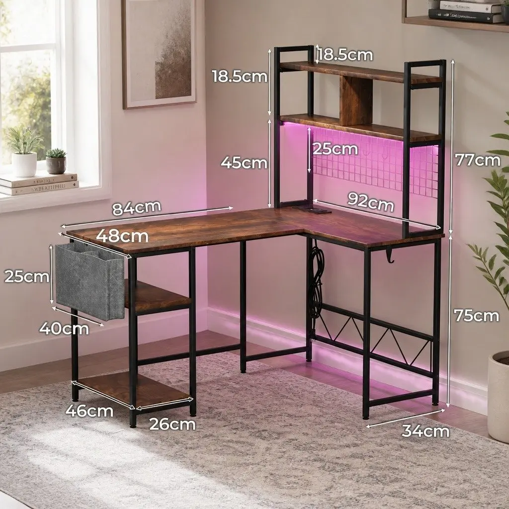 L Shaped Gaming Desk with RGB LED Lights in Brown