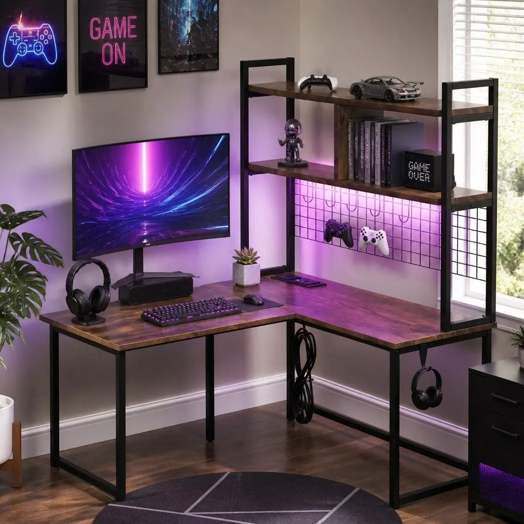 L Shaped Gaming Desk with RGB LED Lights in Brown