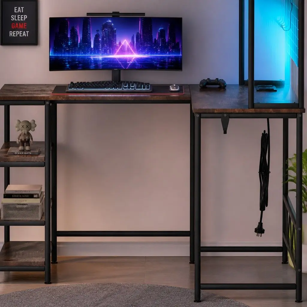 L Shaped Gaming Desk with RGB LED Lights in Brown