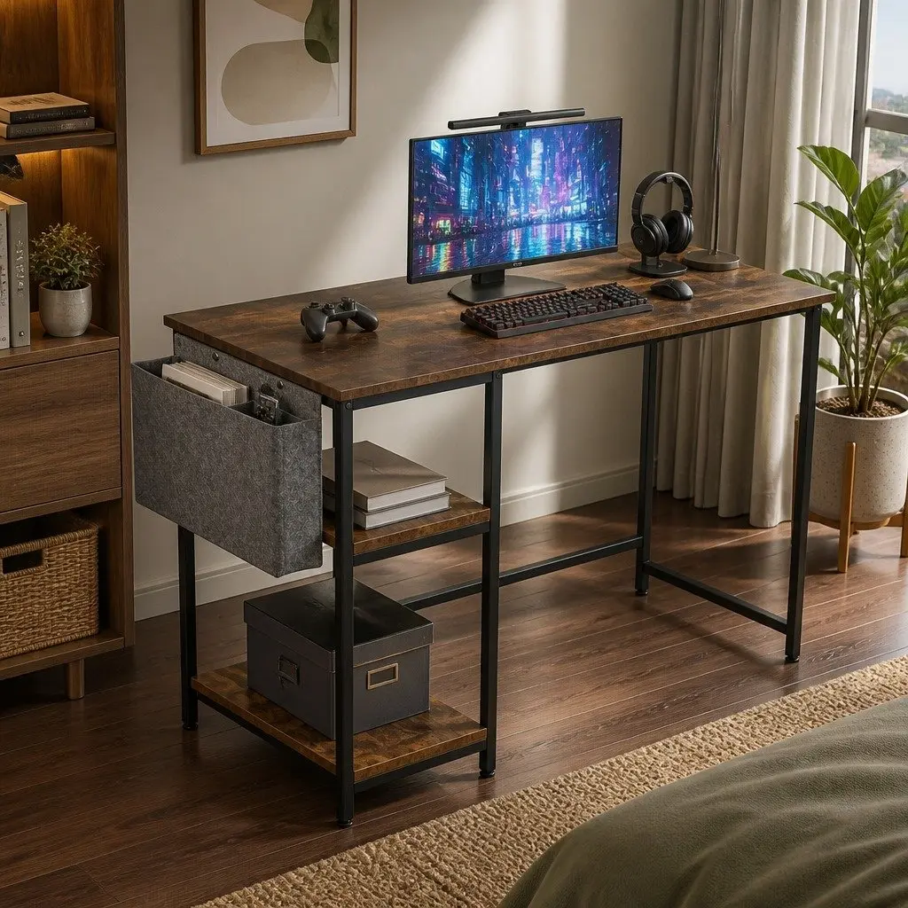 L Shaped Gaming Desk with RGB LED Lights in Brown
