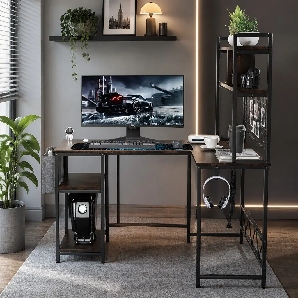 L Shaped Gaming Desk with RGB LED Lights in Brown