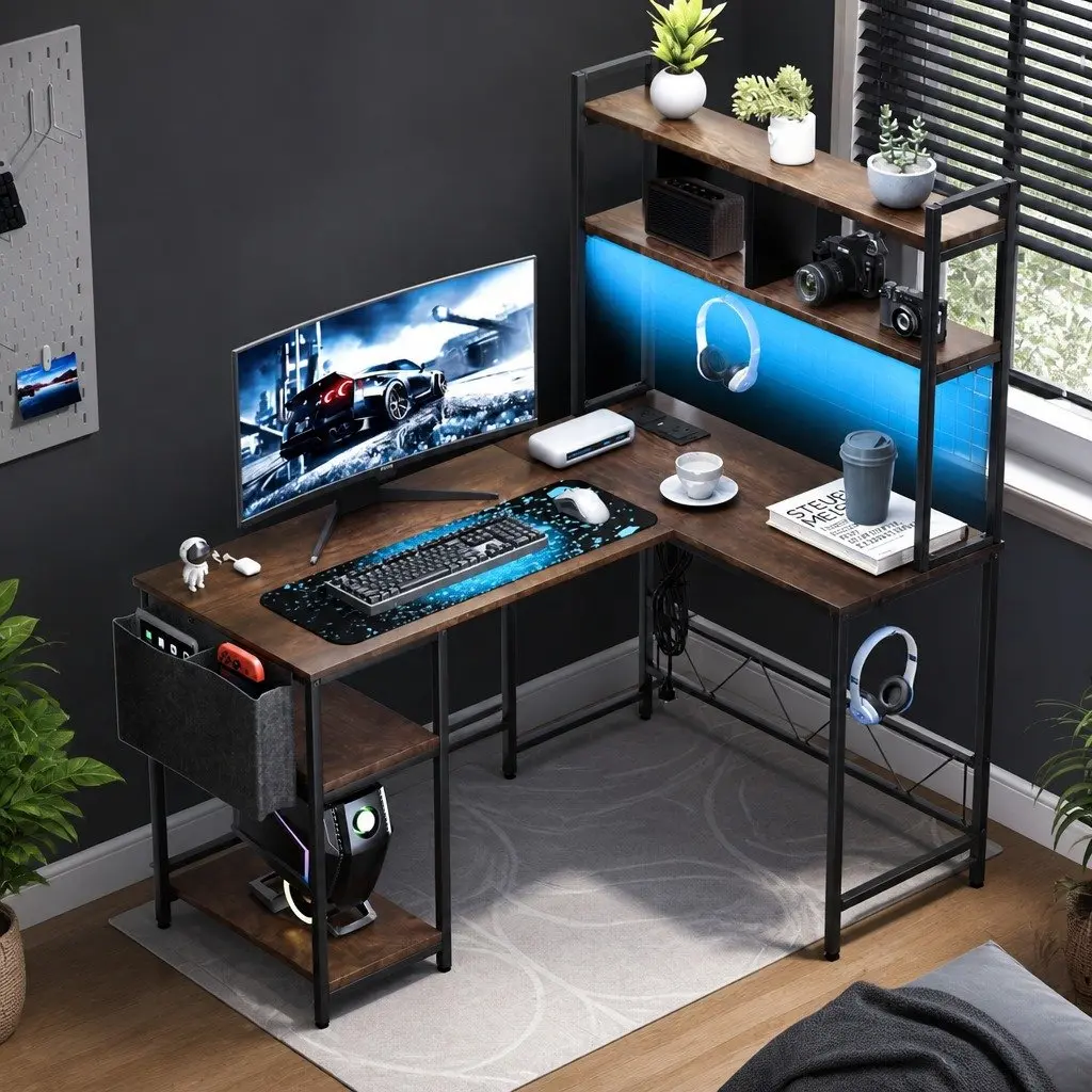 L Shaped Gaming Desk with RGB LED Lights in Brown