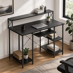 Black Industrial Style Office Gaming Desk with Monitor Stand
