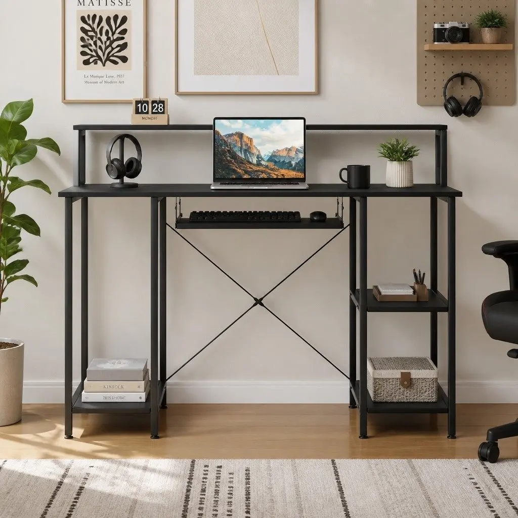 Office Desk Black Industrial Style 120cm Particle Board Powder-coated Steel