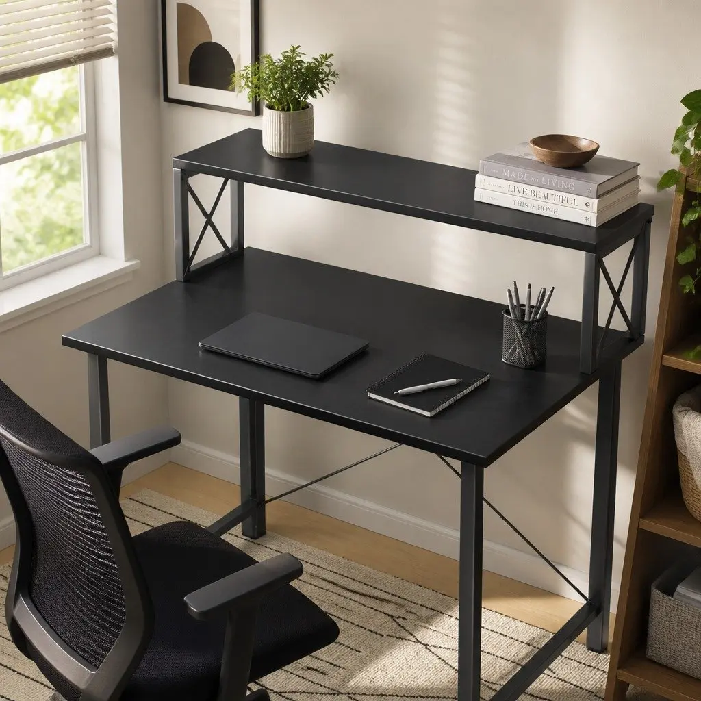 Office Desk Black Industrial Style 120cm Particle Board Powder-coated Steel