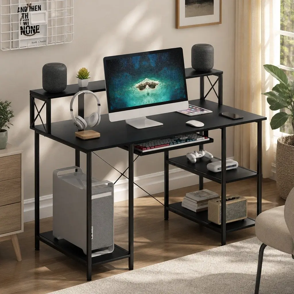 Office Desk Black Industrial Style 120cm Particle Board Powder-coated Steel