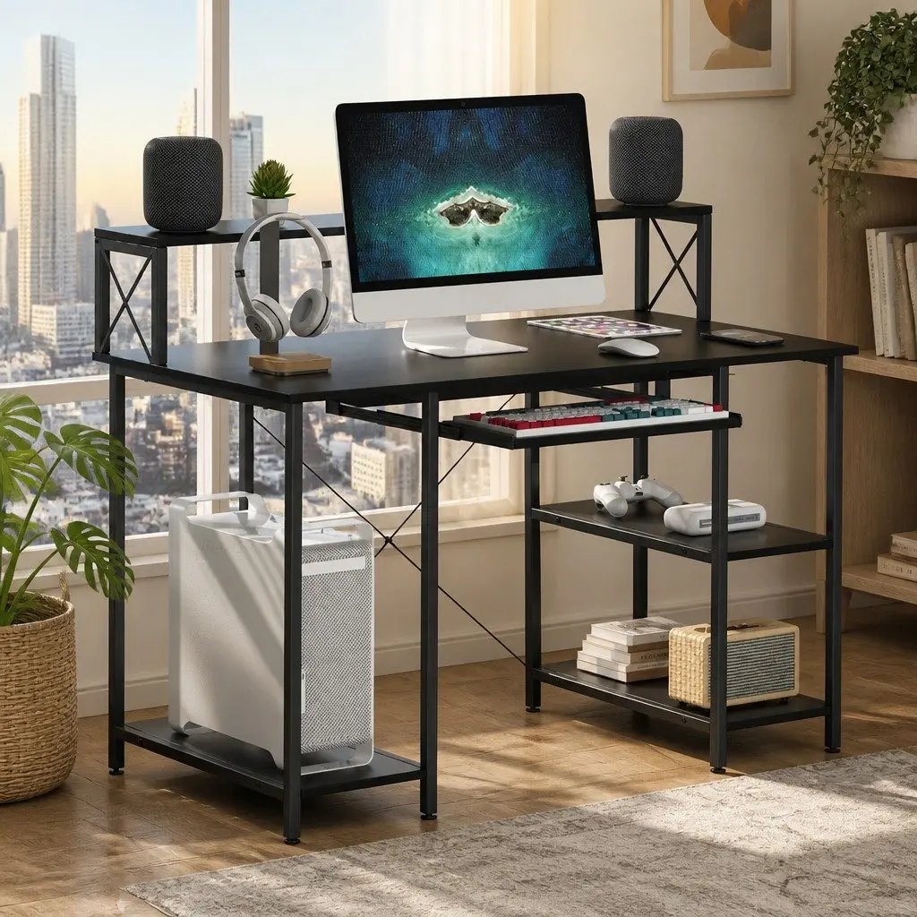 Office Desk Black Industrial Style 120cm Particle Board Powder-coated Steel