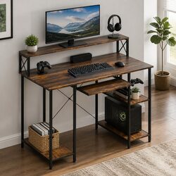 Height Adjustable Brown Computer Desk for Office and Gaming