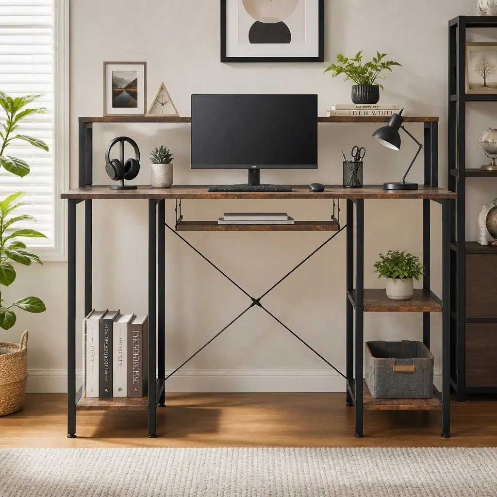 Height Adjustable Brown Computer Desk for Office and Gaming
