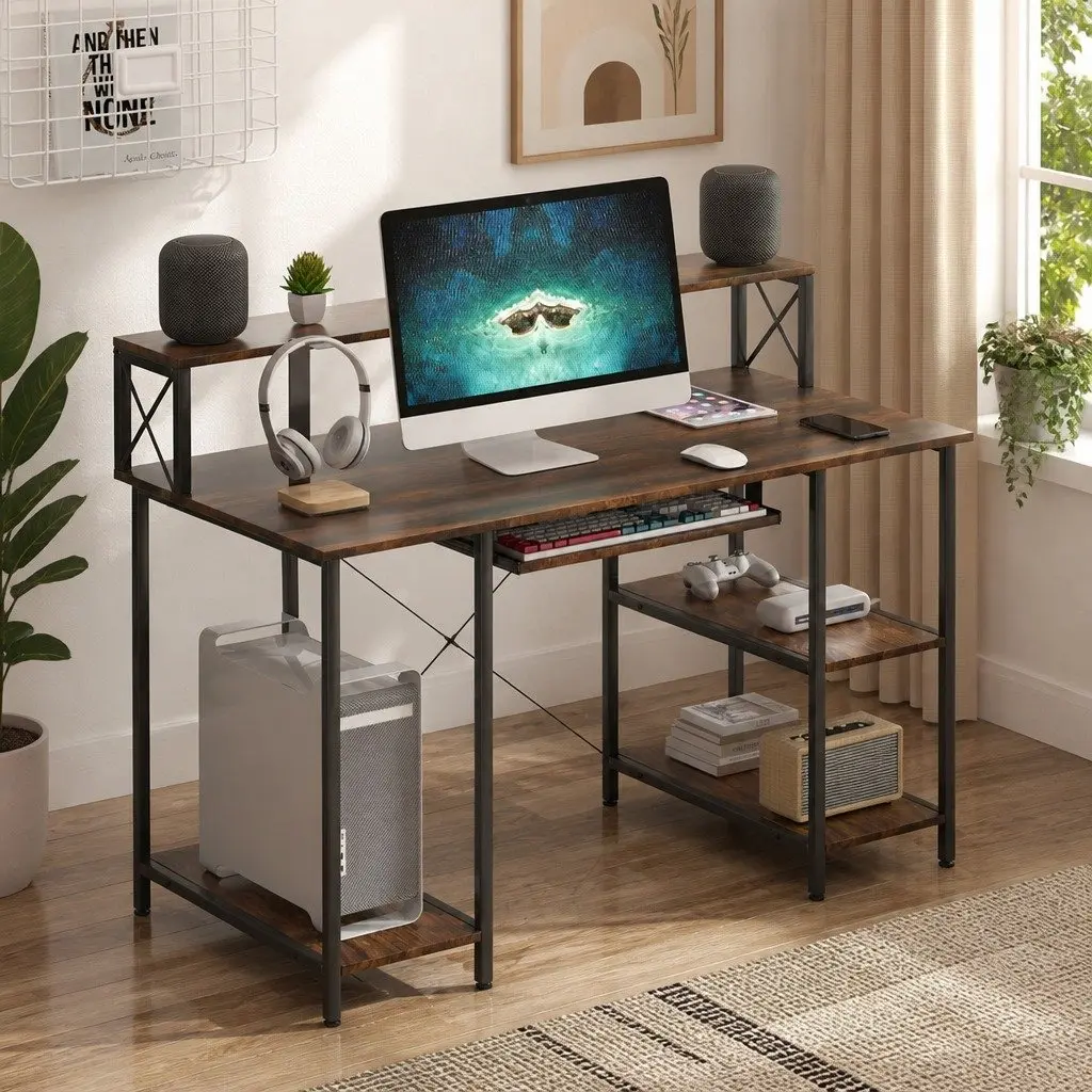 Height Adjustable Brown Computer Desk for Office and Gaming