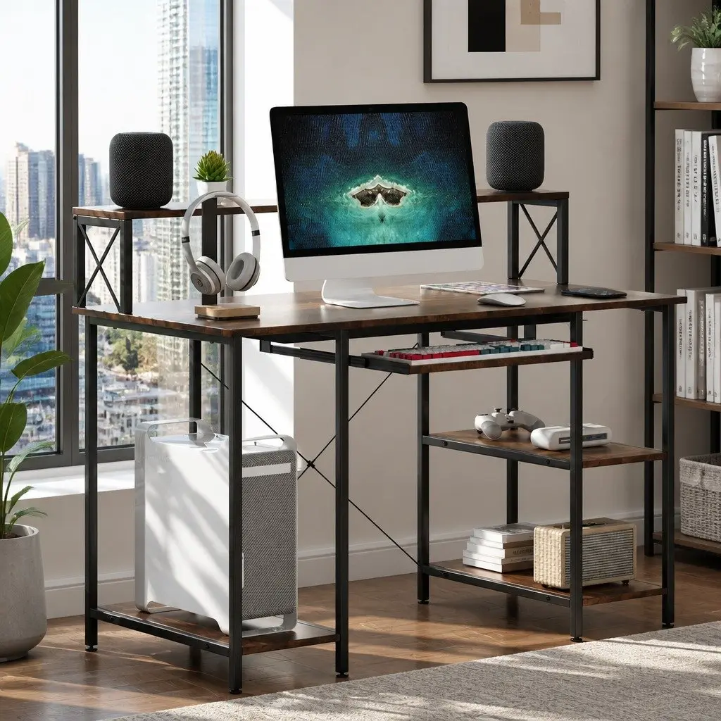 Height Adjustable Brown Computer Desk for Office and Gaming