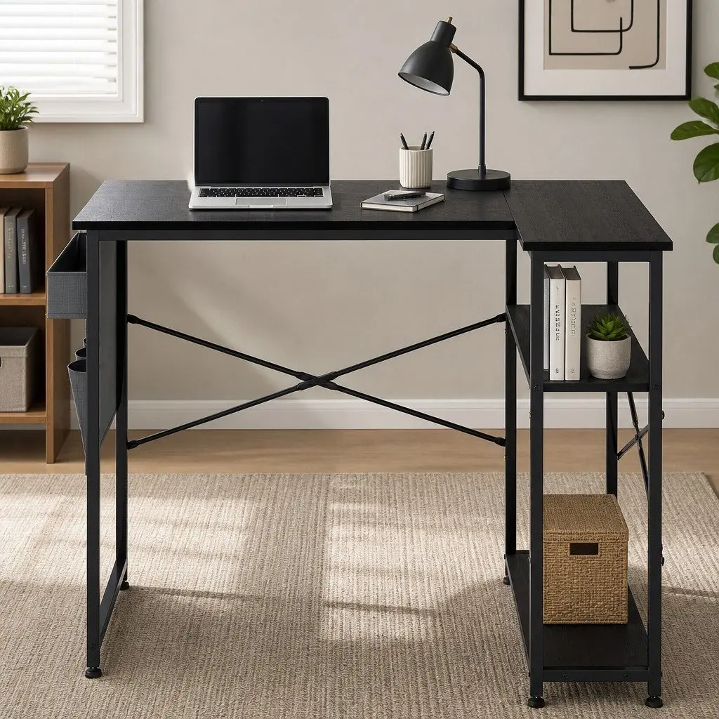 L-Shaped Black Gaming Desk for Home Office & Study