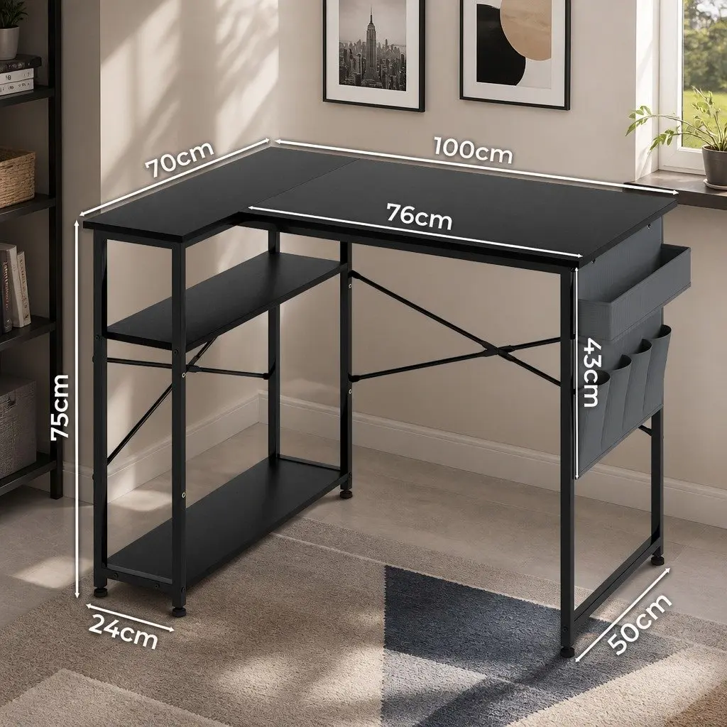 L-Shaped Black Gaming Desk for Home Office & Study