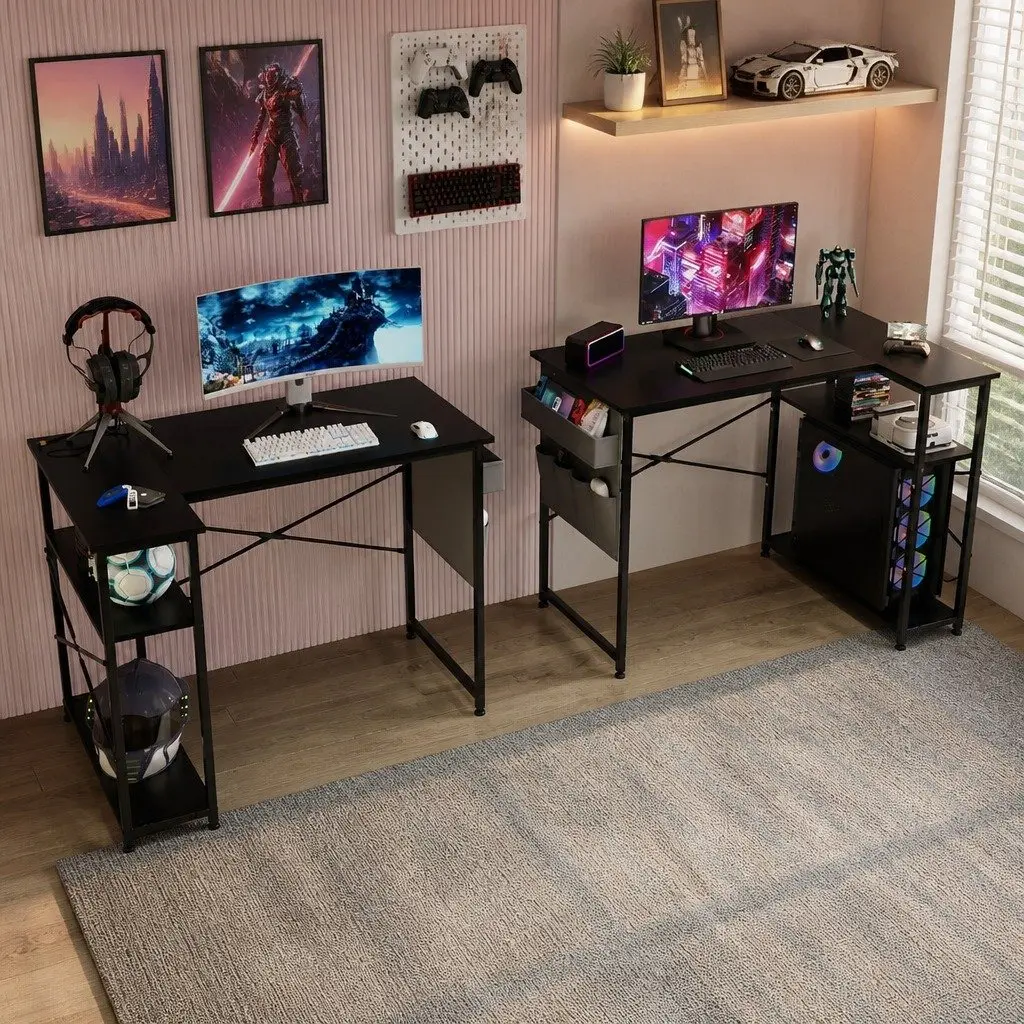 L-Shaped Black Gaming Desk for Home Office & Study