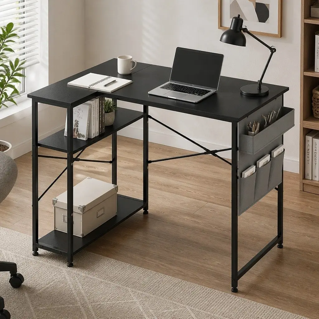 L-Shaped Black Gaming Desk for Home Office & Study
