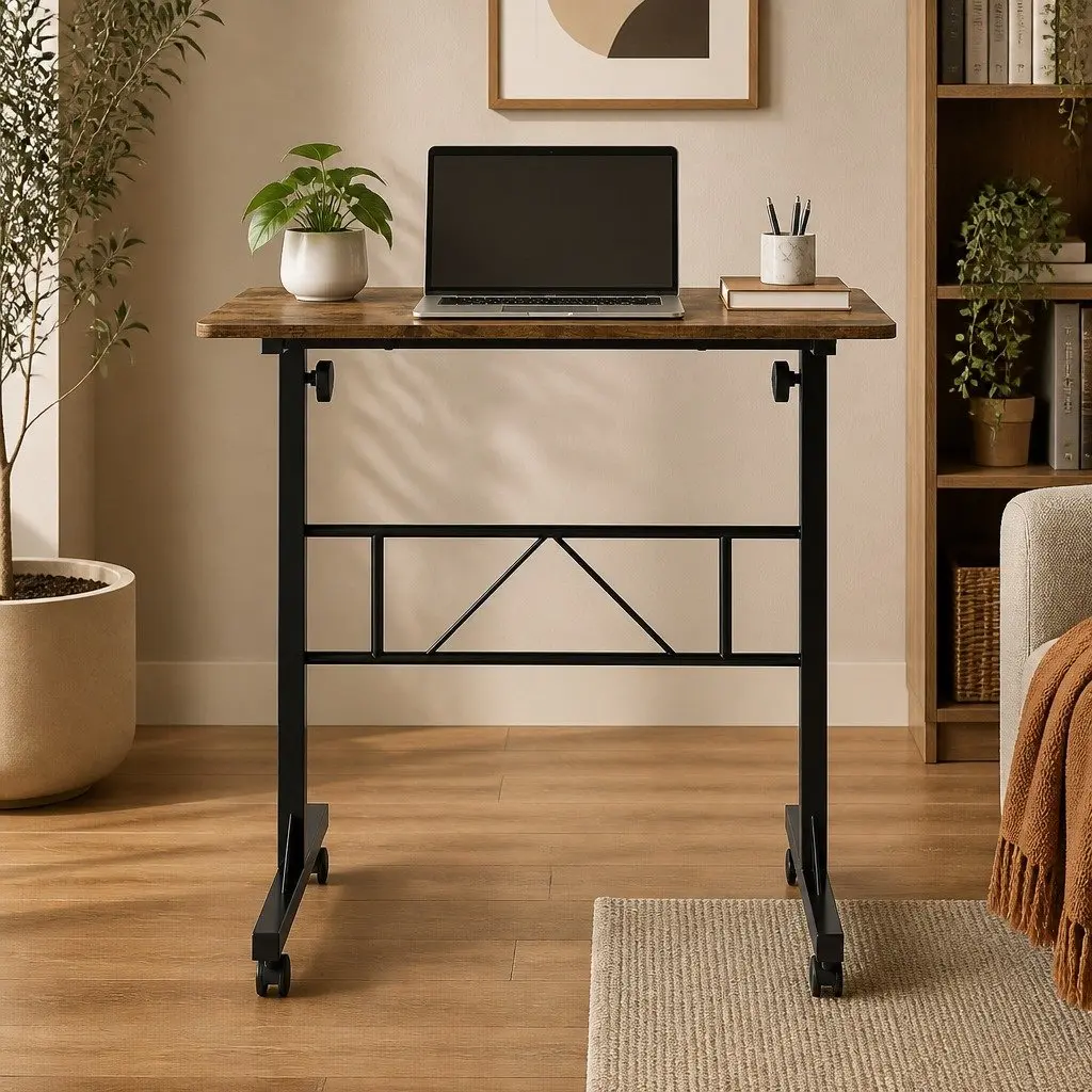Height Adjustable Standing Desk Mobile Workstation 80cm x 40cm Brown Particle Board Steel