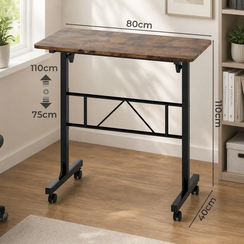 Height Adjustable Standing Desk Mobile Workstation 80cm x 40cm Brown Particle Board Steel
