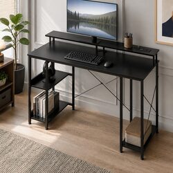 Comfortable Gaming Desk with Monitor Shelf and LED Light