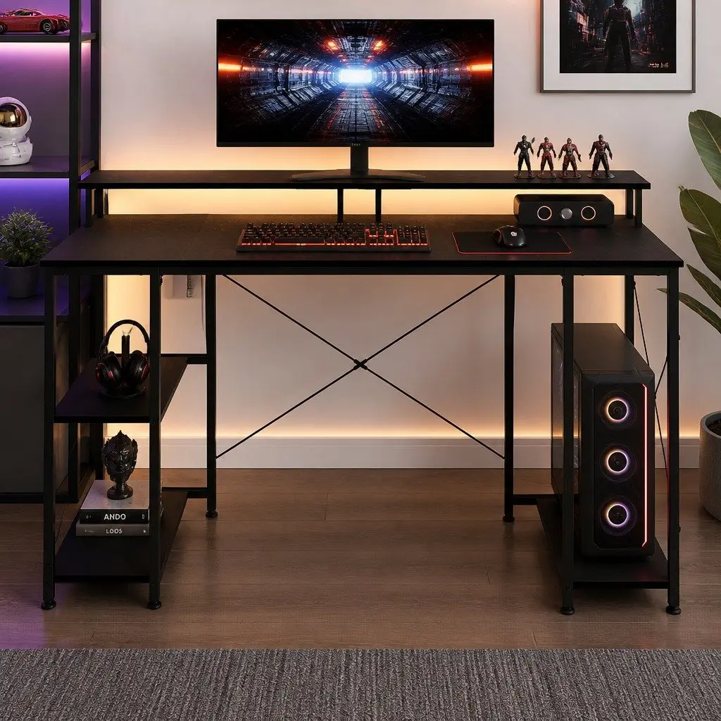 Gaming Desk with Monitor Shelf and LED Light